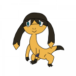 A digital drawing of a Helioptile, a largely yellow lizard from the Pokémon series. She has a light blue cloth tied around her front left limb and is standing on her hind legs.