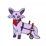 A digital drawing of an Espeon, a purple quadrupedal mammal from the Pokémon series. He has a red bandanna tied around his neck, with an illegible nametag pinned to it, featuring a triangular insignia. His hind legs and tail are limp, and he is wearing a harness, attached to some poles that extend down to two wheels, on either side of his body. 