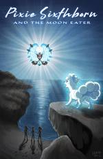 Pixie heroically stands on a cliff and screams at a Dawn Wings Necrozma. Kekoa, Cuicatl, and Genesis can be seen in silhouette on a beach under the cliff.