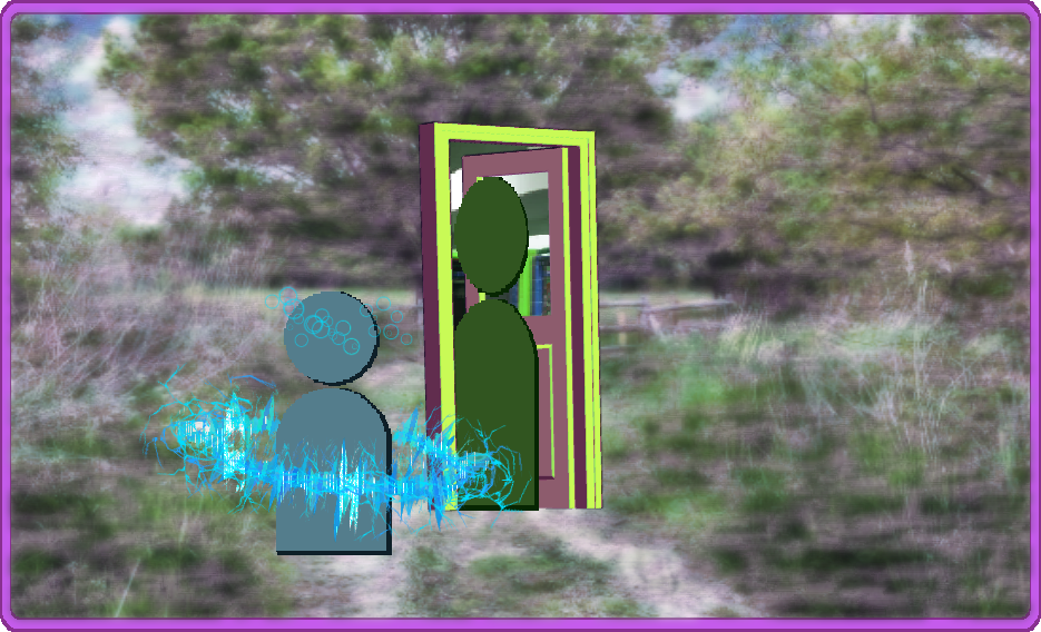 A symbolic representation of two individuals in a NER. one party member has entered their inner world through a summoned doorway while the other stands guard using their psionic abilities. It is the middle of a forest path like in prologue update 2