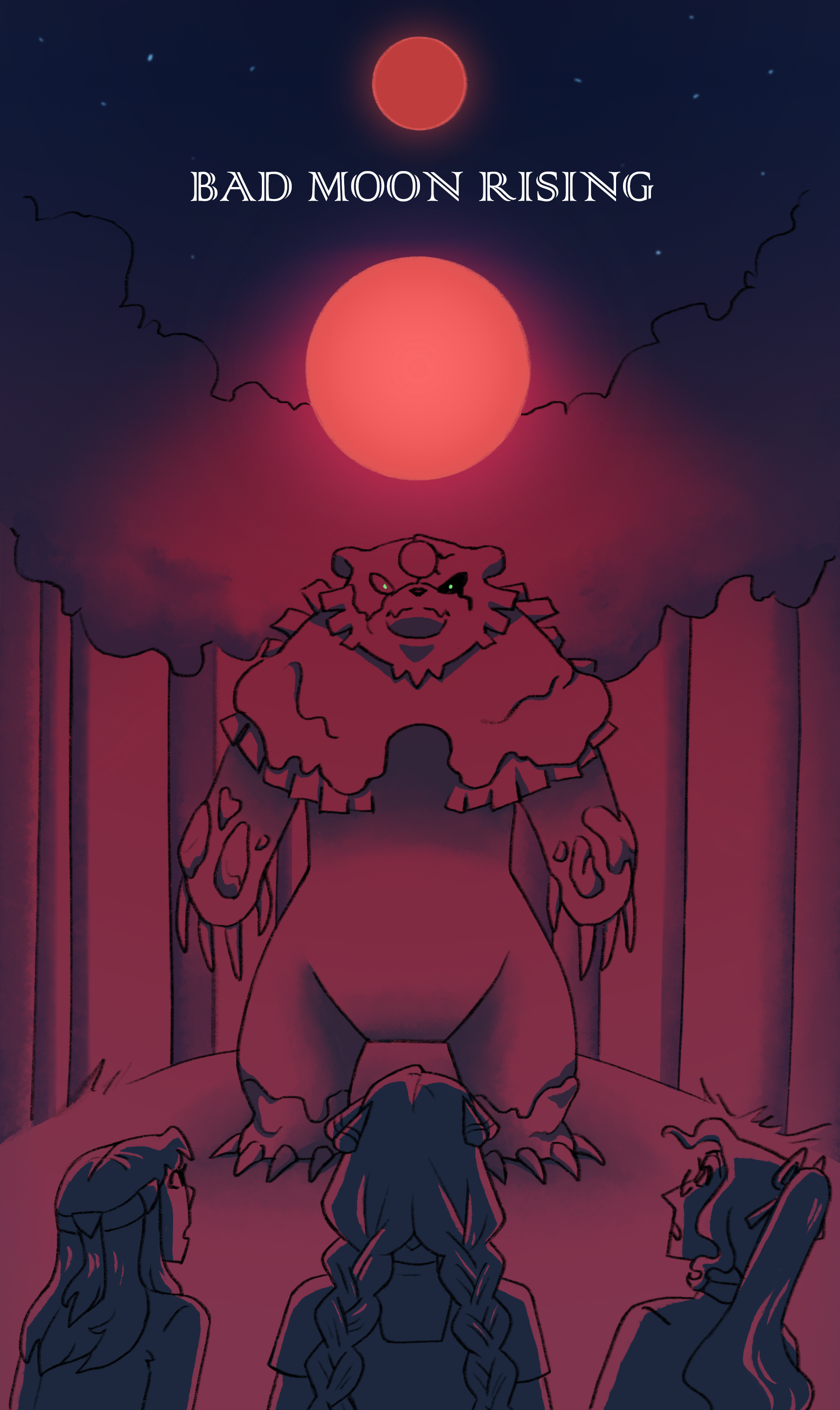An image of a Bloodmoon Ursaluna standing in a forest clearing underneath a lunar eclipse, powering up a red Blood Moon attack. In the foreground Dawn, Cynthia and Luculia stare up at it, lit in red light. White text at the top reads Bad Moon Rising. 