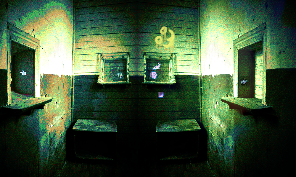 a clearly abandoned interior with stickets and graffiti plastered about it a clearly abandoned interior with stickets and graffiti plastered about it