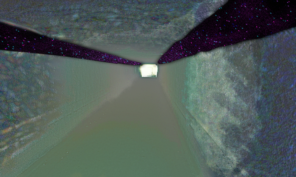 a tunnel with a light at the end. the material of the walls is like opalescent bricks, and two sections seem cut out near the top, giving a glimps at a purple void with magenta cyan and other colored stars twinkling beyond the glass panes