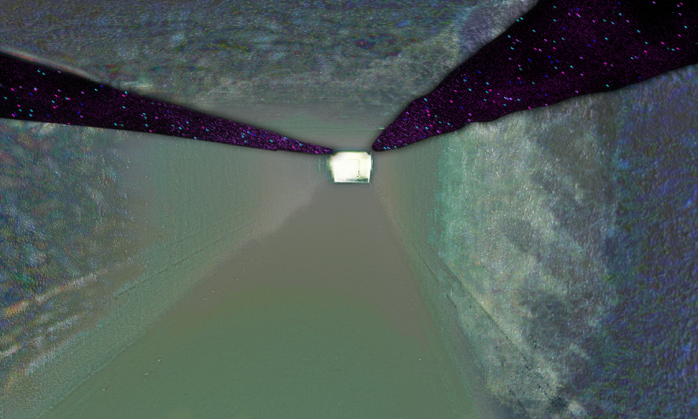 a tunnel with a light at the end. the material of the walls is like opalescent bricks, and two sections seem cut out near the top, giving a glimps at a purple void with magenta cyan and other colored stars twinkling beyond the glass panes a tunnel with a light at the end. the material of the walls is like opalescent bricks, and two sections seem cut out near the top, giving a glimps at a purple void with magenta cyan and other colored stars twinkling beyond the glass panes