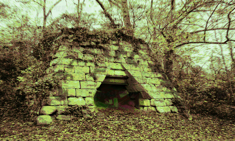 a mineshaft entrance in the middle of an overgrown and distorted forest sits, the point you exited the tunnel below from