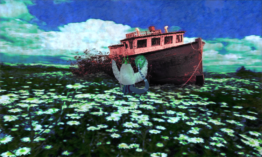 a meadowland like before, but a large tugboat tinted crimson throughout its entirety rests on the meadow, some brush flanking it's rear side. A large figure with chainmaile covering its torso, wearing spiked gauntlets and a colored kilt, with a long tail with glowing fibers at its tip stands looking at the boat, back to you.