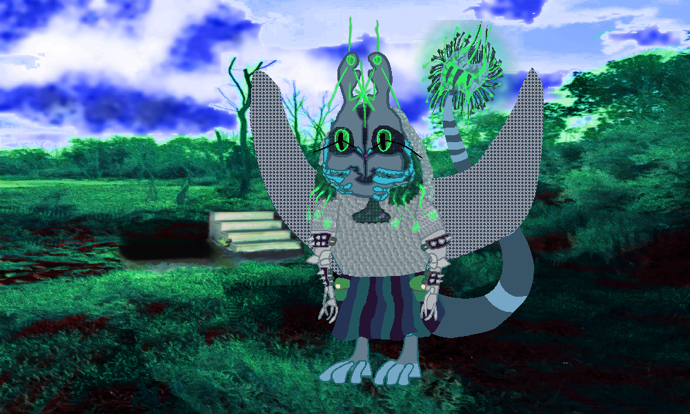 Caestellau stands in walksprite form at the edge of a forest. behind em is a concrete foundation wtihout a building. A small flight of stairs with only four steps rises into the air, and a hole sits next to it. The treeline is filled with trees that seem to glow with their verdant light, which frays and glitches as it meets the blue sky above