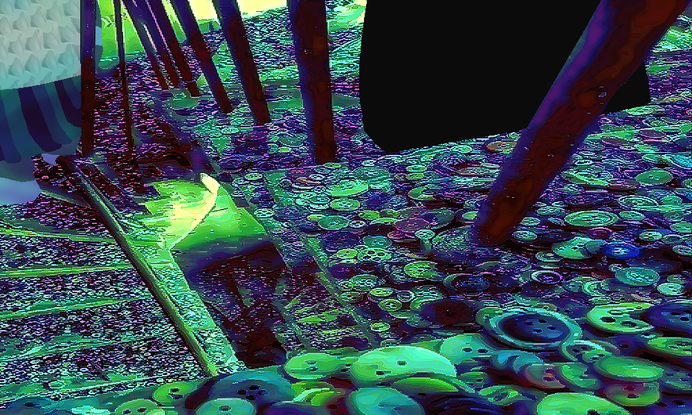 An angled shot of an abandoned staircase where every step is covered in buttons of various colors. The image has been colorshifted to be within a range from lime green to purple. Caestellau walks ahead of the outline of You.