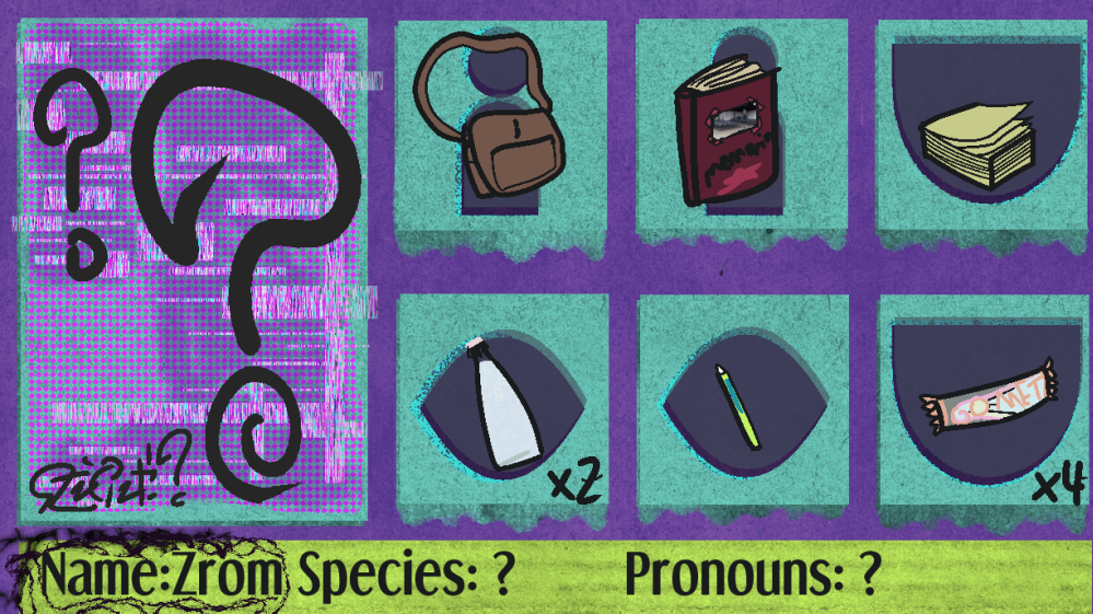 The same profile ui from the start, although cracks have formed around the border, and the tendrils of the void have reached to fill the space where a name would otherwise go, leaving Zrom in the formerly empty space The same profile ui from the start, although cracks have formed around the border, and the tendrils of the void have reached to fill the space where a name would otherwise go, leaving Zrom in the formerly empty space