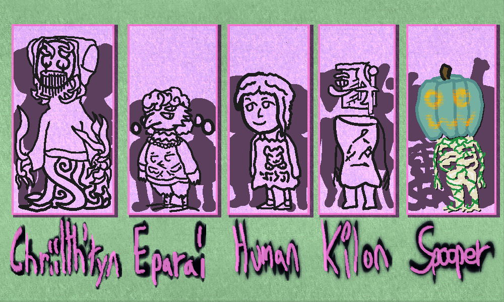 five alien species from left to right: the chriilth'tyn, eparai, human, kilon, and spooper. the chriilth'tyn is a tangle of tentacles in a hoodie with a musical instrument mask, the eparai is a short bird biped with psychic orbs that orbit their head. the human is well a human. the kilon has a sigil structure for their floating head. the spooper is a skeleton tangled with vines with a pumpkin for a head