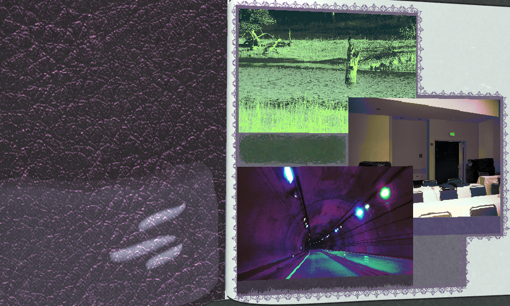 A 3D model of a book lays open with the first page containing three pasted scenes. A dry brush forest pond remniscient of a gameboy game, the back room at an expo center where the exit door leads to a starry void, and a tunnel that stretches onwards seemingly infinitely under technicolor lighting sit there. the paper layer the images are on has lacey trim A 3D model of a book lays open with the first page containing three pasted scenes. A dry brush forest pond remniscient of a gameboy game, the back room at an expo center where the exit door leads to a starry void, and a tunnel that stretches onwards seemingly infinitely under technicolor lighting sit there. the paper layer the images are on has lacey trim