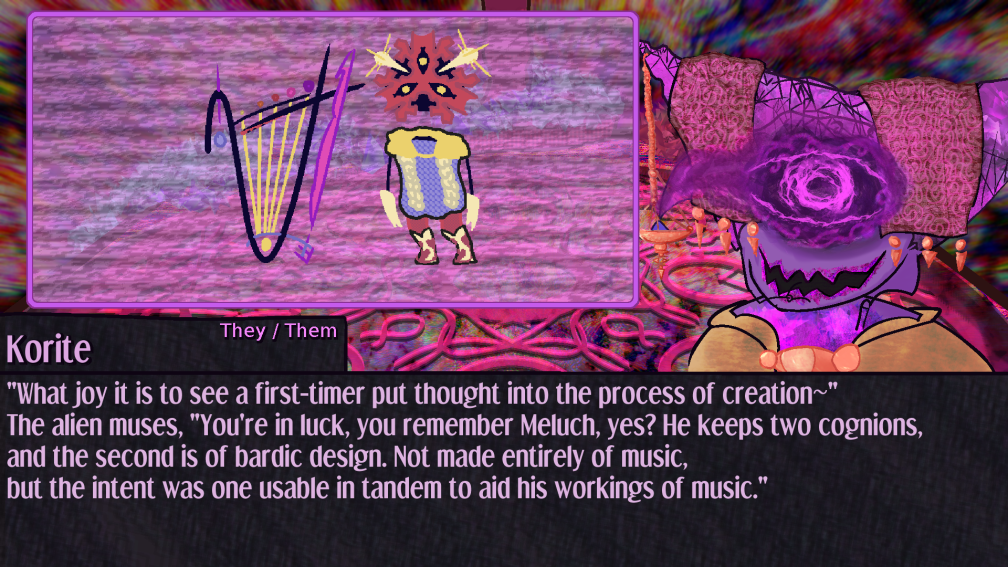 What joy it is to see a first-timer put thought into the process of creation~ The alien muses, You're in luck, you remember Meluch, yes?  He keeps two cognions, and the second is of bardic design.  Not made entirely of music, but the intent was one usable in tandem  to aid his workings of music. ; Meluch the Kilon is once again displayed but this time has a cognion the size of his body. it's sigil form superficially resembles a lyre or harp, and has a bow strung across the strings, which mount to the base, which threads into the resting spot of the scale quill. its function isnt wholly determinable What joy it is to see a first-timer put thought into the process of creation~ The alien muses, You're in luck, you remember Meluch, yes?  He keeps two cognions, and the second is of bardic design.  Not made entirely of music, but the intent was one usable in tandem  to aid his workings of music. ; Meluch the Kilon is once again displayed but this time has a cognion the size of his body. it's sigil form superficially resembles a lyre or harp, and has a bow strung across the strings, which mount to the base, which threads into the resting spot of the scale quill. its function isnt wholly determinable