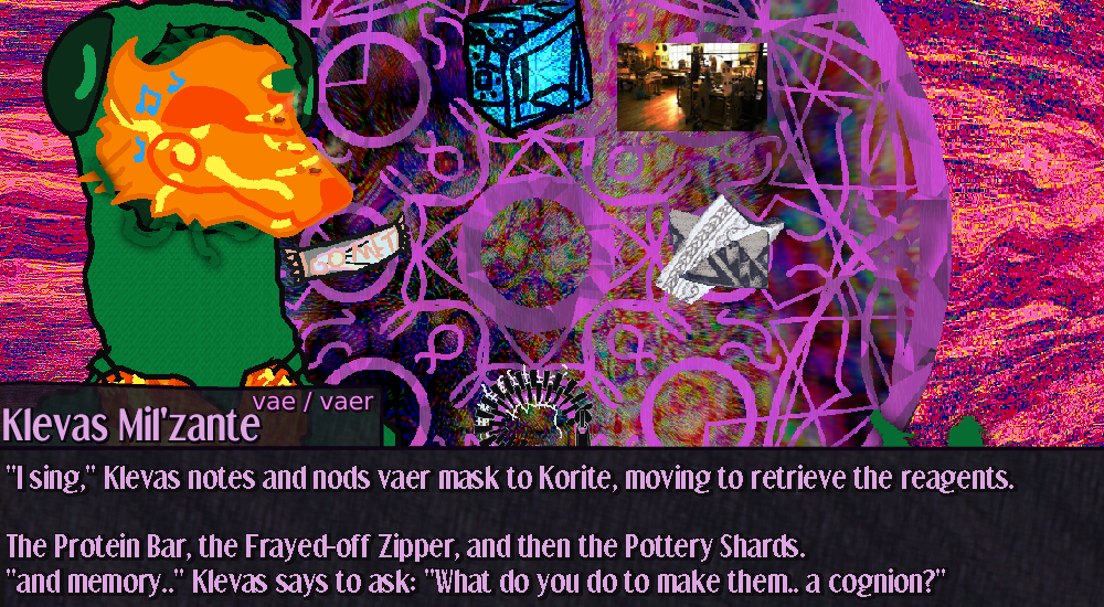 Klevas, an alien wearing a mask resembling an earless fox, talks to Korite. The background shows the reagents of the ritual atop the ritual circle with a surreal pareidolia void beneath Klevas, an alien wearing a mask resembling an earless fox, talks to Korite. The background shows the reagents of the ritual atop the ritual circle with a surreal pareidolia void beneath