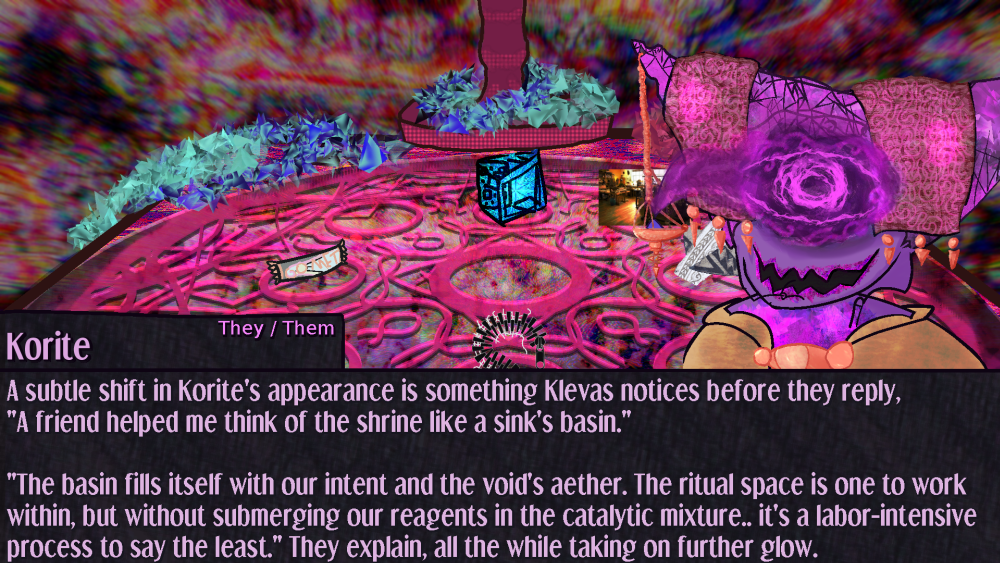 the ritual altar viewed from the front. Korite replies to Klevas, and their veiled face shows glowing spots the ritual altar viewed from the front. Korite replies to Klevas, and their veiled face shows glowing spots