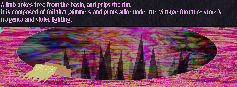 a limb reaches out from the void's depths, a claw of holographic foil a limb reaches out from the void's depths, a claw of holographic foil
