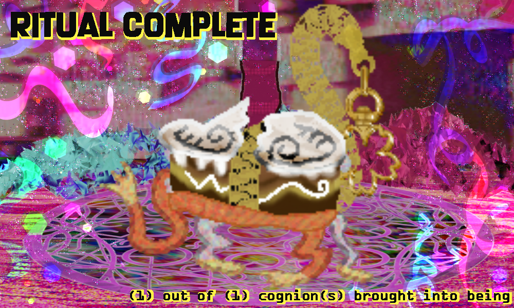 the cognion stands before Klevas as confetti rains down. the cognion resembles a salted caramel protein bar with caramel drizzle and a white icing toothy mouth on one side of the zipper that divides its mouth and a curly one on the other side. it is held aloft by it's own foil wrapper body that glimmers like a holographic card foil, ripped to form limbs to walk on and hold its mask. Two ceramic pottery shards are glazed with sugary icing and have face-like markings. A zipper tail stretches from behind it and melds to it's body to divide its face. there are arms I forgot to draw sadly