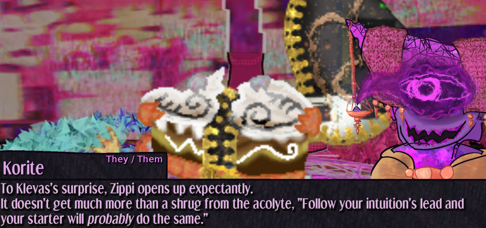 Korite looks down at Zippi who has opened up their zipper to show the inner world inside. check the transcript for dialogue Korite looks down at Zippi who has opened up their zipper to show the inner world inside. check the transcript for dialogue