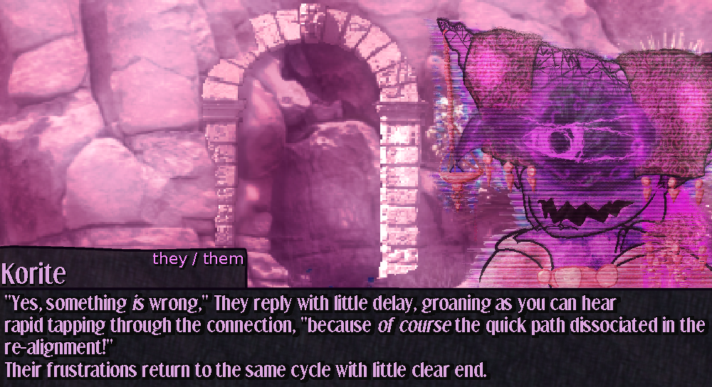 closeup on the empty arch, with a glitched hologram Korite talksprite looks mildly pissed, and their lights begin to glow under their veil. the text is in the transcript below